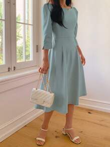 DAZY 女式圆领收腰中长袖连衣裙 - 藍色 - 查看 3