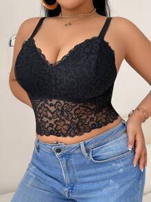 SHEIN Non-Wired No-Cup Sexy Plus Size Lace Lingerie - Black - View 1