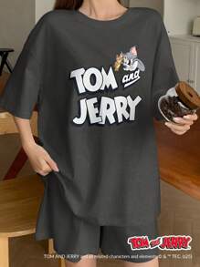 DAZY TOM AND JERRY X DAZY Casual Loose Letter Print Short Sleeve Top And Shorts Pajama Set