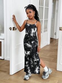 Vestido Maxi informal con estampado de teñido anudado minimalista y suelto para niñas preadolescentes, adecuado para el verano - Rosa Fucsia - Ver 6
