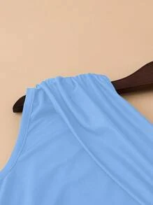INAWLY 2pcs Women Vacation Casual Solid Color One-Shoulder Top And Shorts Set - Blue - View 3