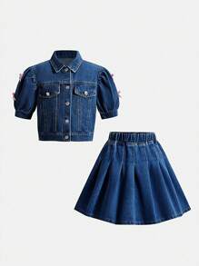 SHEIN Tween Girls Denim Two Pieces Outfits - Dark Wash - View 3