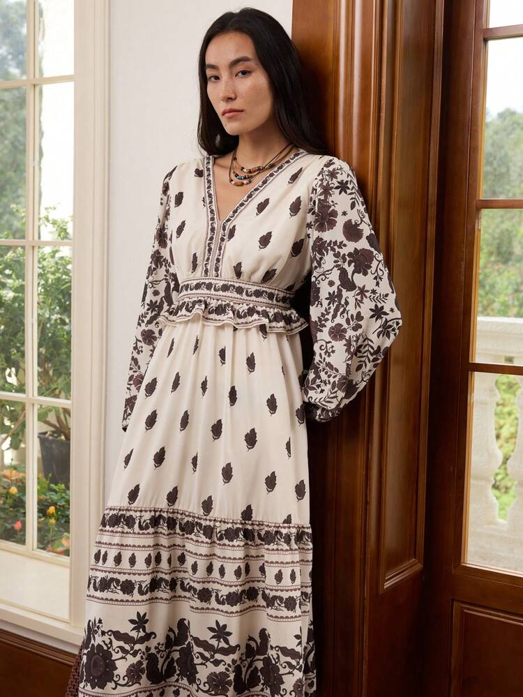 Fall Bohemian Ditsy Floral Patchwork Waisted Ruffle Hem Midi Dress For Women Long Sleeve Dress Boho