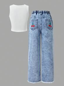 SHEIN Wildeya Spring/Summer 2pcs Set Tween Girls Me Minimalist Casual Dark Cherry Print Tank Top Paired With Denim Pocket Embroidery Wide Leg Pants, Suitable For Daily, Commute, Holiday, Hanging Out With Friends