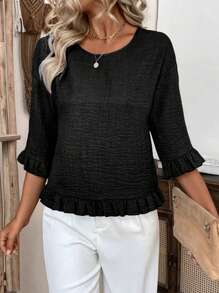 SHEIN Clasi Áo cánh vải lanh thường ngày cho nữ, tay ngắn, trễ vai, dáng rộng, vải dệt màu xanh, viền bèo ở cổ tay và gấu áo, hoàn hảo cho kỳ nghỉ - màu đen - Xem 3