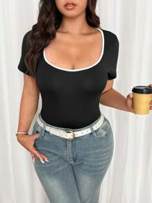 Flirla Plus Size Women Contrasting Color Trim Tight Bodysuit
