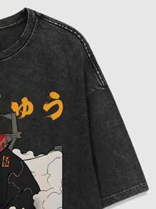 ROMWE MEN Anime Men's Anime Crew Neck Short Sleeve Cat Print Casual Top, For Daily Wear