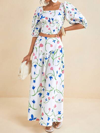 EBIB Sommarblomtryckt blomkorsetttopp med pösiga ärmar och dragsko bak