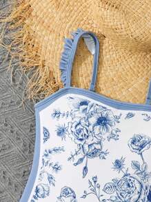 SHEIN Tween Girl Blue Floral Print Ruffled One-Piece Swimsuit With Beach Skirt - Multicolor - View 6