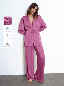 Maija 2 件套女士芥末色缎面纯色系带开衫毛衣和松紧腰带绳裤休闲睡衣套装，秋冬 - 紫色 - 查看 2