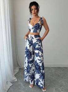 SHEIN PETITE Women's Summer Vacation Full Print Cropped Tank Top And Wide Leg Pants Set - Multicolor - View 3