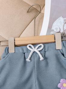 女婴可爱 3D 花卉装饰无袖圆领背心 + 休闲蝴蝶结短裤 2 件套，夏季 - 藍色 - 查看 6