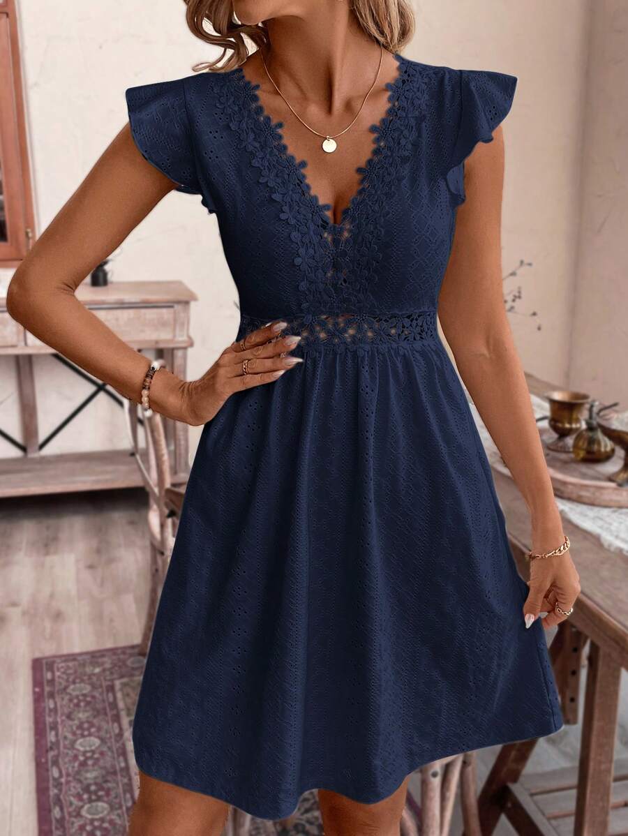 SHEIN Frenchy Vestido de mediana longitud elegante con cuello en V sin mangas, en unicolor con inserción de encaje, esencial para la temporada de bodas de verano, atuendo de verano, esencial para la temporada de bodas, estilo "Cottagecore" - Azul Marino - Ver 1