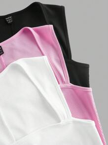 SHEIN EZwear Bộ 3 quần yếm bó sát không tay màu trơn, thường ngày mùa hè - Nhiều màu - Xem 8
