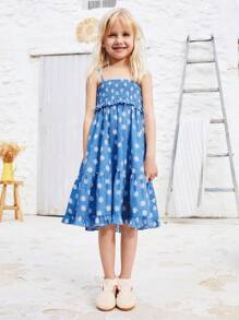 SHEIN Young Girls' Summer Daisy Print Print Ruffled Hem Bowknot Strap Dress,Versatile For Outing, Home, Holiday - Multicolor - View 5