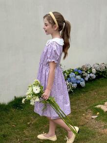 SHEIN Vestido de estilo francés dulce para niñas con estampado floral diminuto y mangas con volantes, vestido con cuello de muñeca con decoración floral, adecuado para días festivos o uso diario