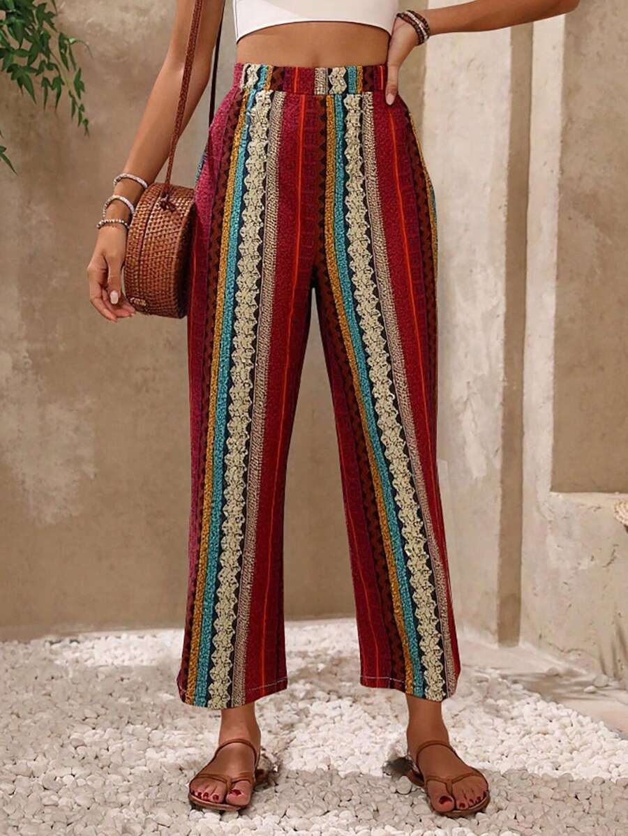 INAWLY Women Vintage Color Block Striped Casual Vacation Beach Hawaii Pants - Multicolor - View 1