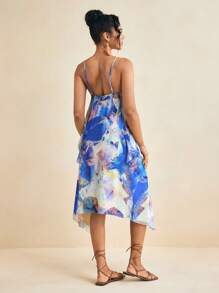 EBIB 夏季蓝色印花网眼 A 字形细肩带荷叶边中长连衣裙女士夏季度假连衣裙