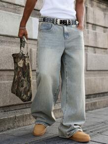 Manfinity Hypemode 男式浅蓝色复古水洗宽松阔腿牛仔裤 - 淺色水洗藍 - 查看 4