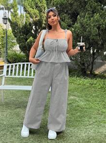 SHEIN EZwear Plus Size 2pcs Set: Casual Vacation Style Square Neck Striped Tie-Front Crop Top & High Waist Striped Wide Leg Pants, Spring/Summer