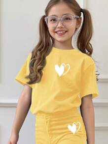 SHEIN Leap Crew 青少年女孩休闲简约短袖和裤子两件套，适合夏季 - 黃色 - 查看 3