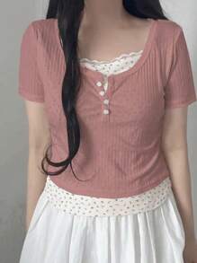 DAZY Áo thun nữ tay ngắn ôm vừa vặn 2 trong 1, màu trắng, thời trang xuân/hè - Hồng - Xem 4