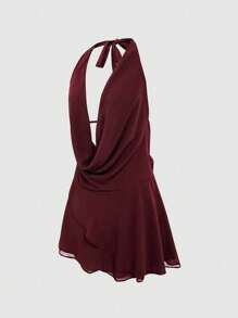 INAWLY Đầm mini hở lưng cổ xếp nếp màu trơn gợi cảm cho nữ, mùa hè - Màu Đỏ Sâu - Xem 3