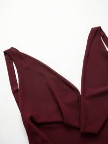INAWLY Đầm mini hở lưng cổ xếp nếp màu trơn gợi cảm cho nữ, mùa hè - Màu Đỏ Sâu - Xem 5