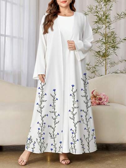 Al Najma 大码女式优雅花卉印花阿拉伯长袍，端庄