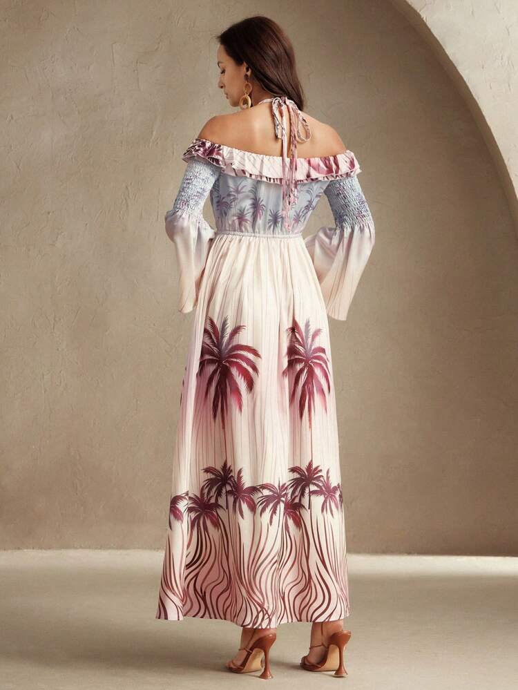 Halterneck Bohemian Style Palm Tree Print Vacation Dress For Spring/Summer