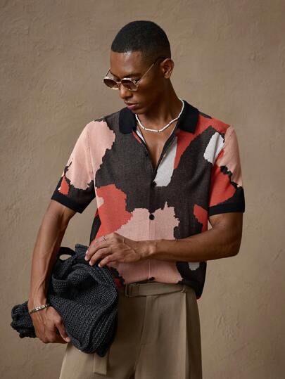 AKNOTIC Business Casual Men's All Over Print Knitted Short Sleeve Casual Elastic Fitted Polo Collar Knit Top, Suitable For Summer, Vacation, Daily Matching, Party, Couple, Men's Gift Mens Knit Shirt Mens Short Sleeve Shirt Geometric Print Men Mens Resort Wear Abstract Print Men