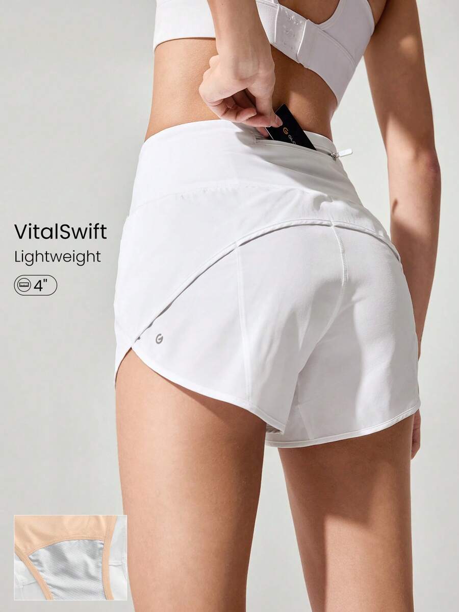 GLOWMODE Short de running de cintura alta de 4 pulgadas VitalSwift con ropa interior incorporada, bolsillo con cordón, para entrenamiento diario, gimnasio, verano, secado rápido, transpirable y antimicrobiano
