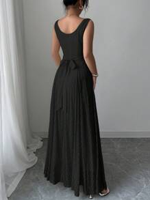 Elenzga Vestido largo de novia/fiesta/casual/oficina, corte evasé, sin mangas, cuello barco, con detalle de hebilla, para primavera/verano - Negro - Ver 2