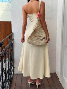 Sunnyshic 女士休闲纯色吊带连衣裙，夏季 - 淡黃色 - 查看 2