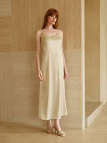 SHEIN LUNE Women's Satin Camisole Dress With Handcrafted Beaded Waist, Slim Fit, Crossover Elastic Strap, Backless, Sleeveless, Apricot Color, Suitable For Work And Commute