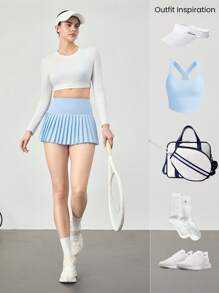 GLOWMODE Jupe plissée 2.0 à contrôle du ventre, avec shorts intégrés, poches latérales, grips anti-glisse. Pour le tennis, le golf, le pickleball et le port quotidien. Séchage rapide, 7,62 cm - Bleu ciel - Voir 7