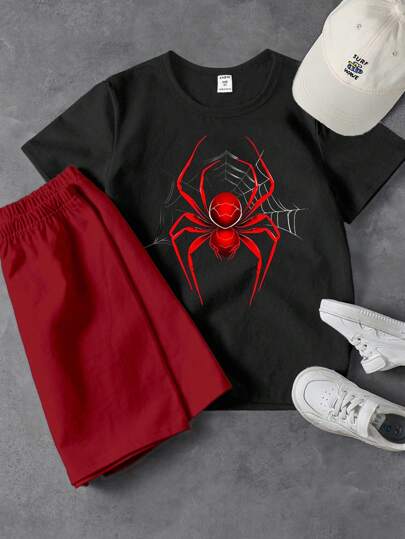 男童休闲时尚蜘蛛网印花短袖T恤和短裤套装