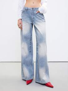LYSMO Celana Jeans Denim Ekstra Panjang Kasual Wanita dengan Detail Resleting dan Motif Acid Wash - Biru - View 1
