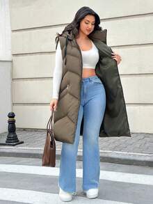 EURMUSE Women's Casual Sleeveless Curve Hooded Vest, Dailywear, Zipper, Pocket - Army Green - View 4