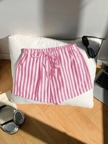 Comfortcana Short de verano para mujer con rayas, cintura con cordón y bolsillos laterales - Rosa - Ver 4