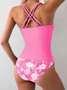 Swim Lushoire Random Printed Tank Top & Bikini Set, Elegant Tropical Pattern, Casual Spring/Summer Vacation Beach Party