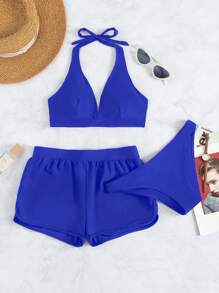 Swim Basics 3pcs Solid Color Bikini Swimsuit Set, Vacation/Beach For Summer - Royal Blue - View 1