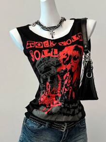 Muchica 黑色字母和图案印花无袖休闲女式 T 恤 - 黑色 - 查看 4