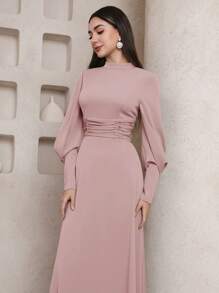 Veilorie 女士优雅纯色褶饰腰部阿拉伯长裙 - 粉色 - 查看 4