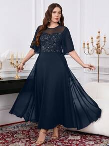 SHEIN Clasi 加大码女式优雅银箔拼布连衣裙，女士正式连衣裙 - 藏蓝色 - 查看 6