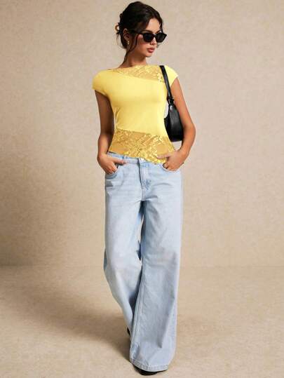 Poéselle Women's Summer Slim Fit Asymmetric Lace Short Sleeve T-Shirt With Hem Splicing And Flutter Design, Coquette T-Shirt.