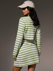 Athîral Áo crop top đơn hàng ngày in họa tiết sọc cho nữ tay dài - màu xanh lá - Xem 4