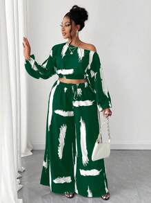 Maweii Plus Size Asymmetric Collar Printed Long Sleeve 2 Pieces Set - Green - View 4