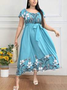 EMERY ROSE Vestido largo de manga corta y cuello redondo con estampado floral para mujer de tallas grandes, atuendo maxi para mujeres en Navidad - Celeste - Ver 5