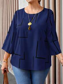 EMERY ROSE Camicia casual a maniche 3/4 con scollo rotondo, stampa linea old money, per abbigliamento da donna elegante casual in taglie comode per la primavera